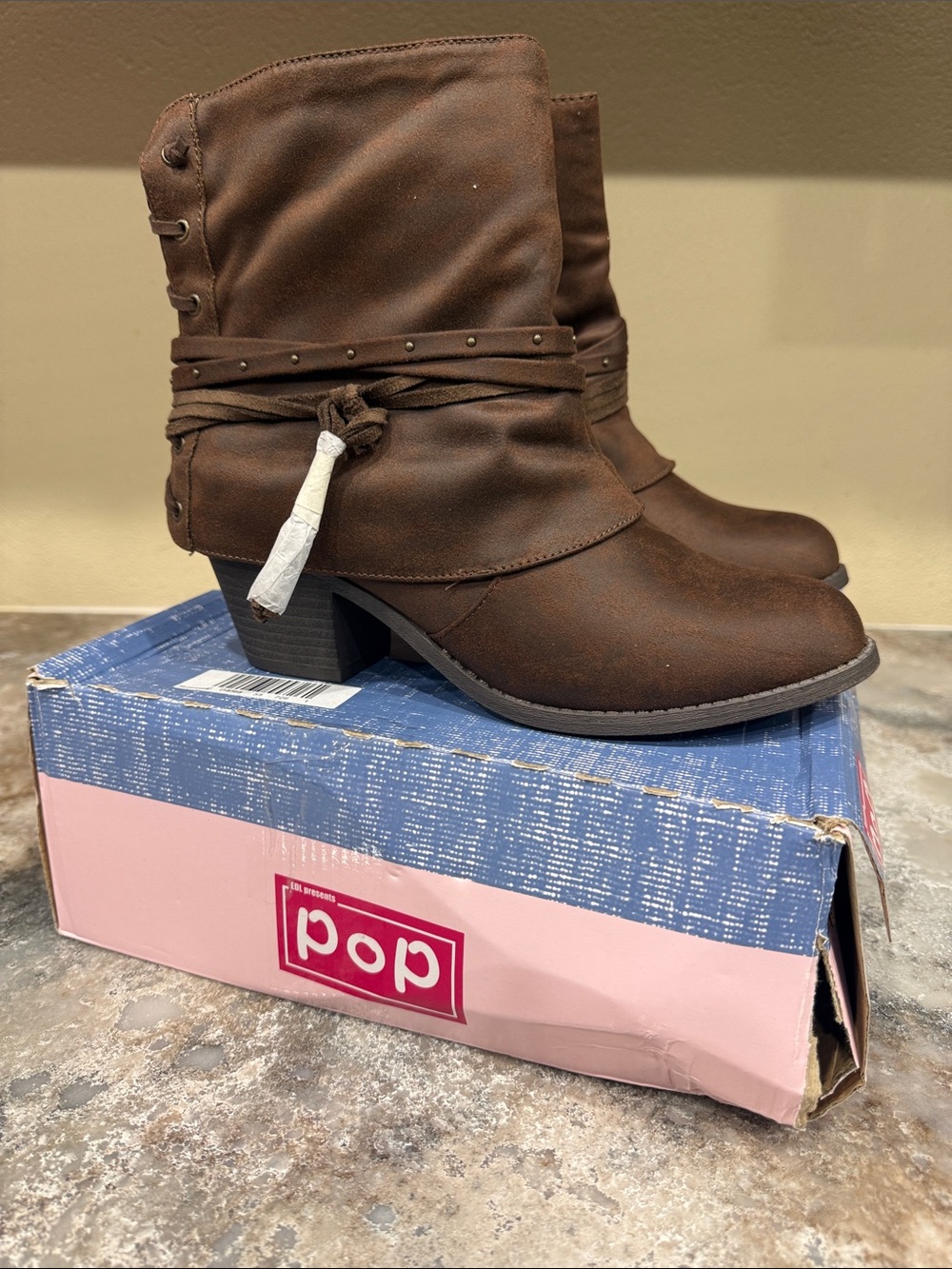pop Brown Slouchy Ankle Booties with Wrapped Studded Strap - Picture 3 of 3